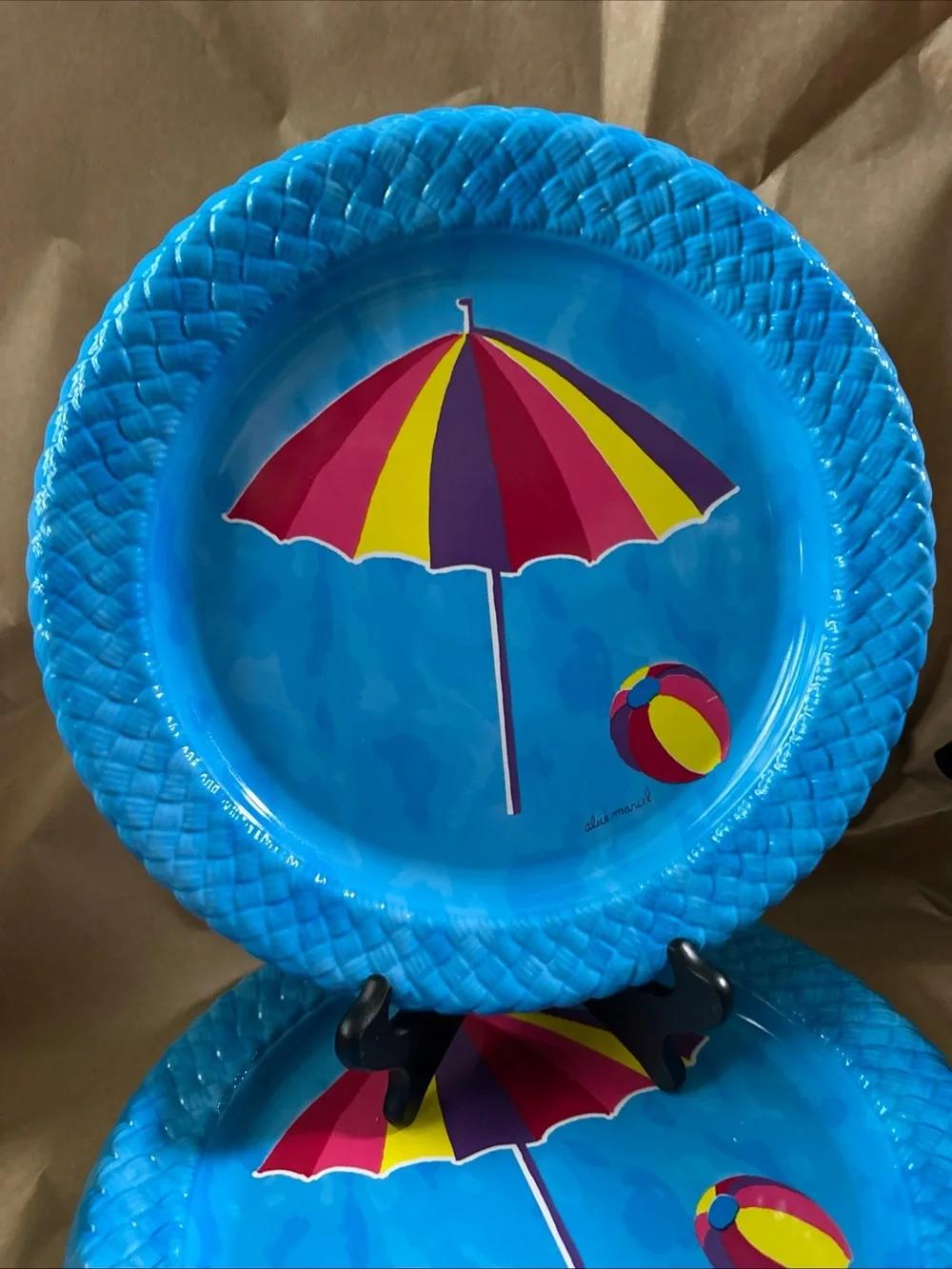 Bright Blue Beach Umbrella beach dinner plastic Plates (Set4) 11”